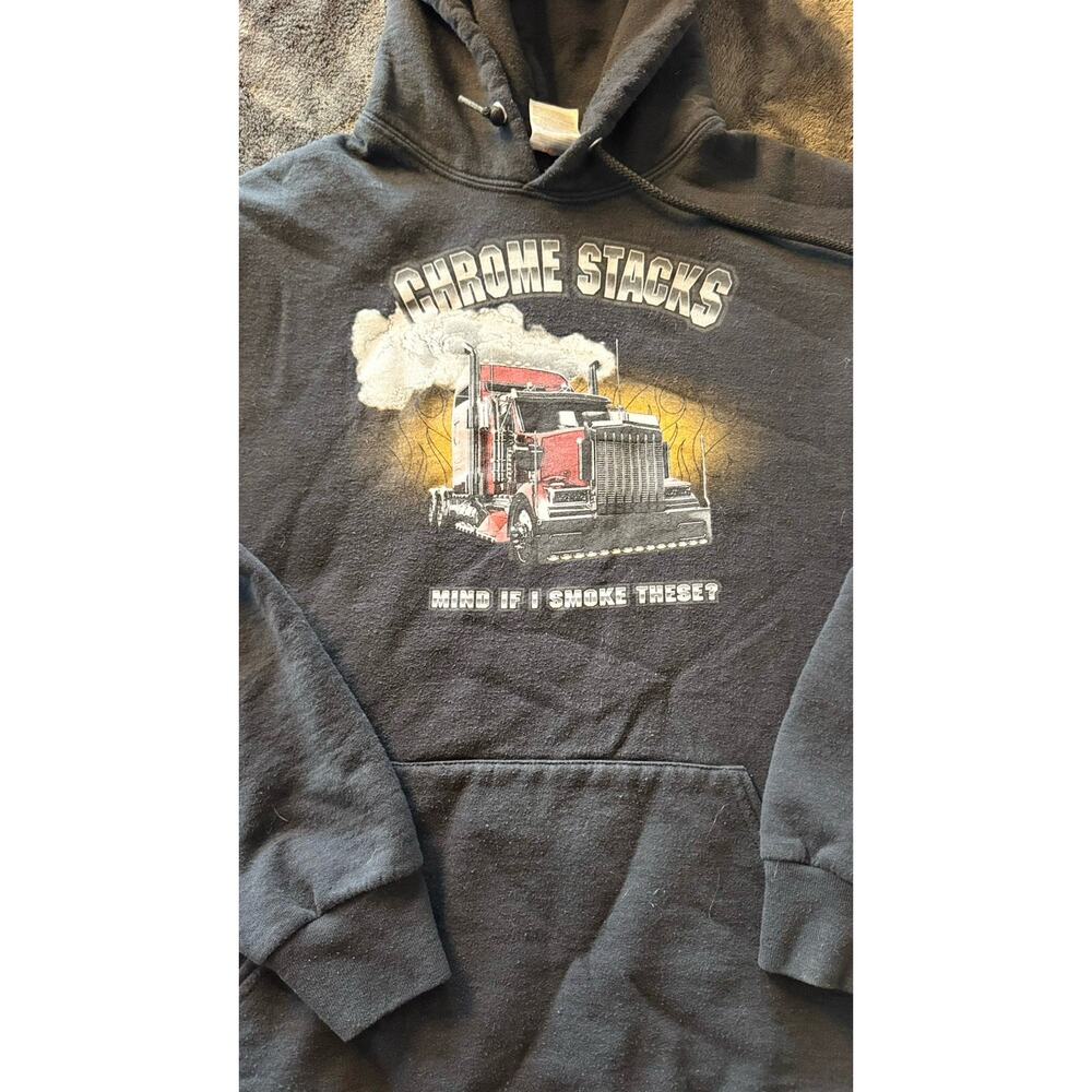 Semi-Truck Black Hoodie With Graphic,Text “Chrome Stacks,Mind If I Some These” L